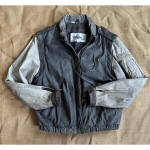 Vintage leather bomber jacket/vest two tone gray hidden hood rare Sz 10